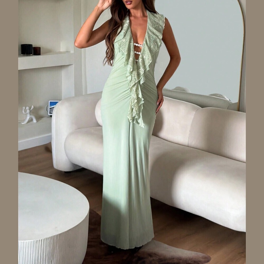 Pale Mint Green Lace Ruffle Deep V Neck Pearl Trim Slim Fit Maxi Dress